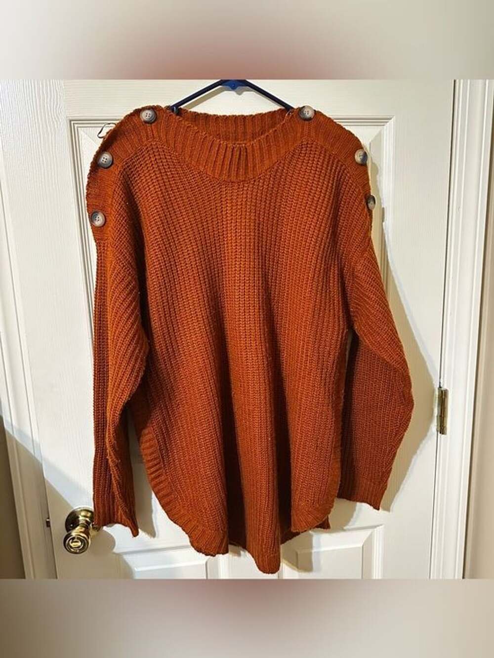 Cozy Button-Shoulder Ribbed Sweater - Rust